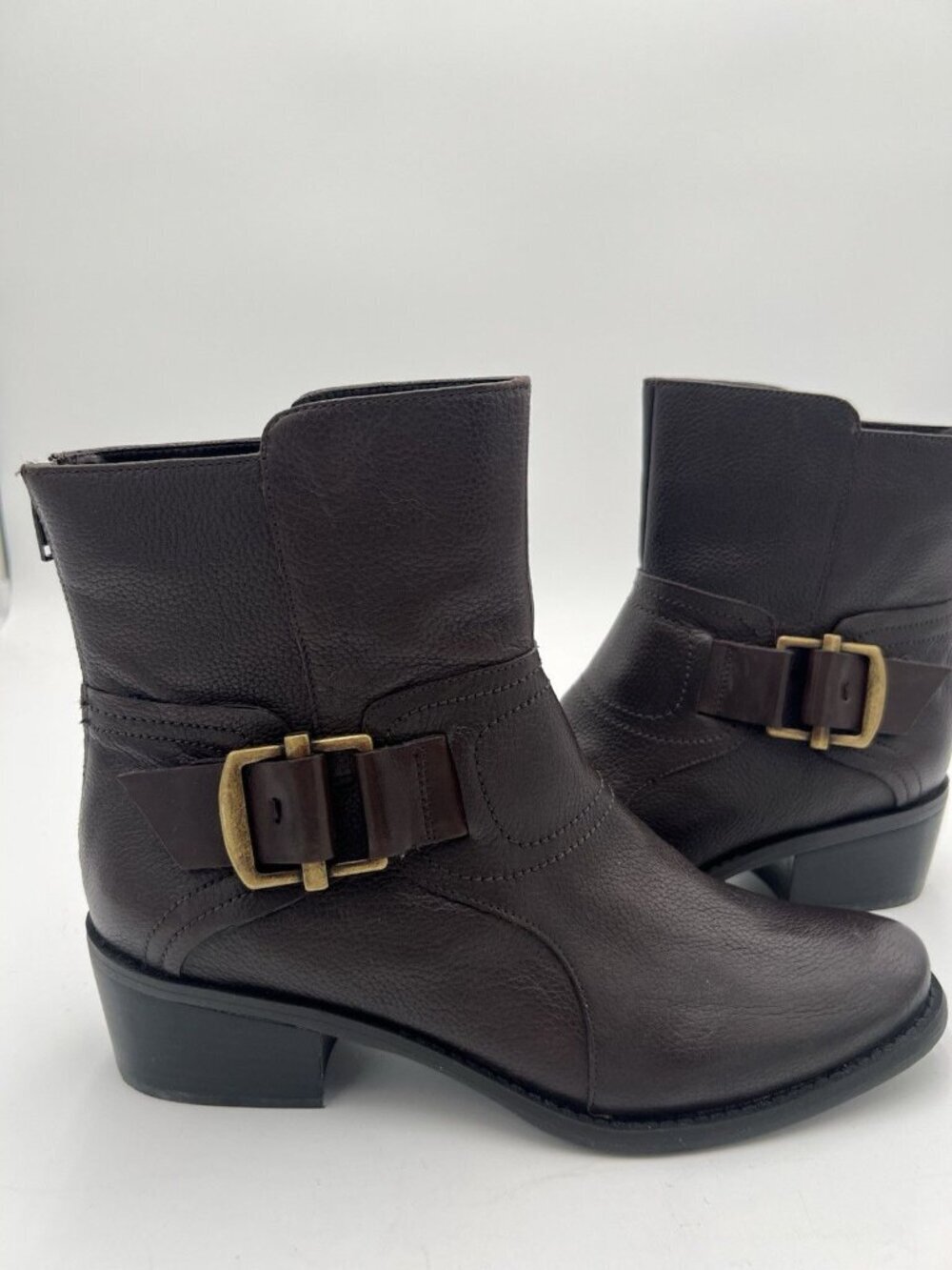 Nine West Sylvia Ankle Boots Brown Pebbled Leather Buckle Block Heel Size 9 NWOB - Picture 6 of 14